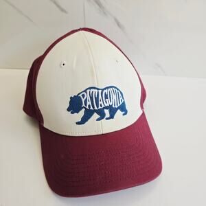 Patagonia Fitz Bear Snap Back Trucker Hat Maroon Cream Spell Out Logo Used